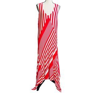 Laurie Felt Asymmetrical Midi Dress Sz L Red Stripe V-Neck Stretch Sleeveless